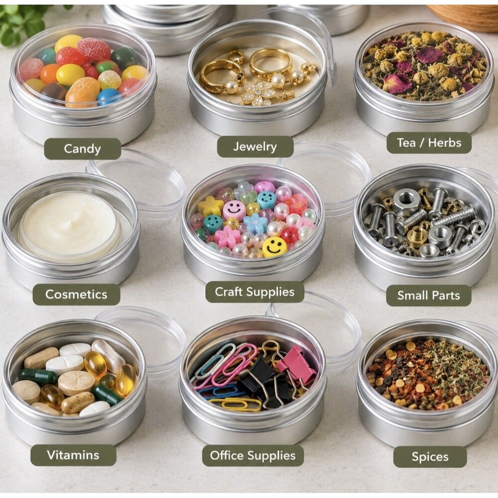100 Aluminum Round Tins 52mm x 25mm Clear Snap-On Lids Empty Metal Containers